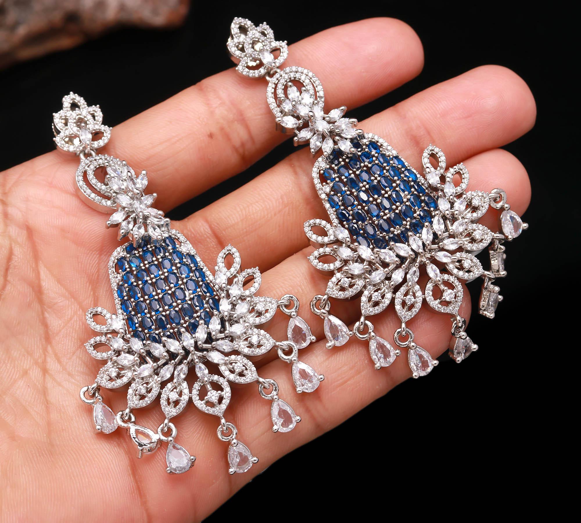 Royal Blue & White Stone Designer Jhumka Earrings | American Diamond Silver-Plated Bridal Wear Danglers